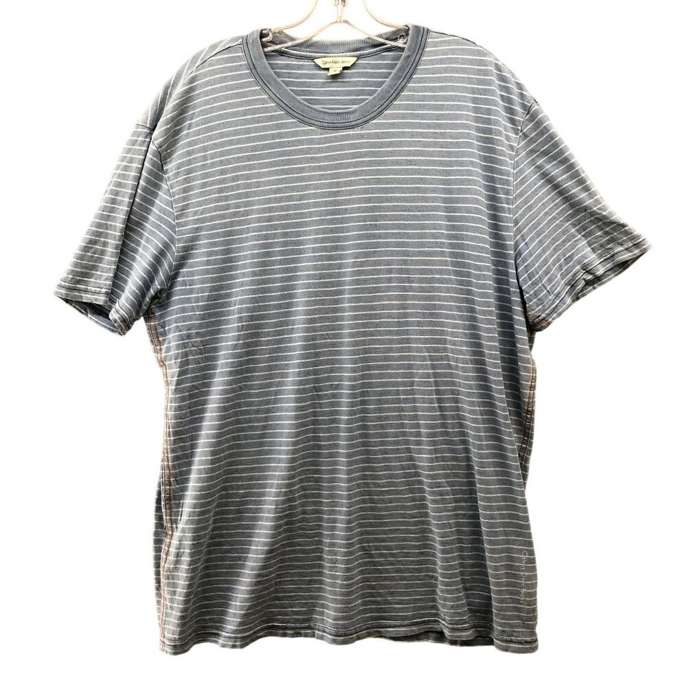 Calvin Klein T Shirt Mens XL Short Sleeve Sunwash Crewneck Blue White Striped